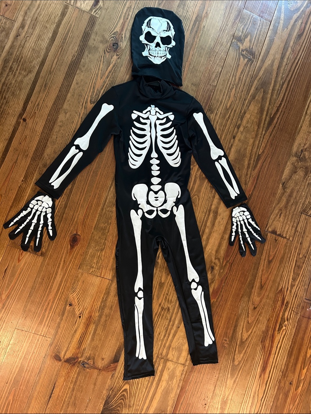 Kids Black Skeleton Costume with Hood and Gloves ~Glows in the Dark - Picture 3 of 13